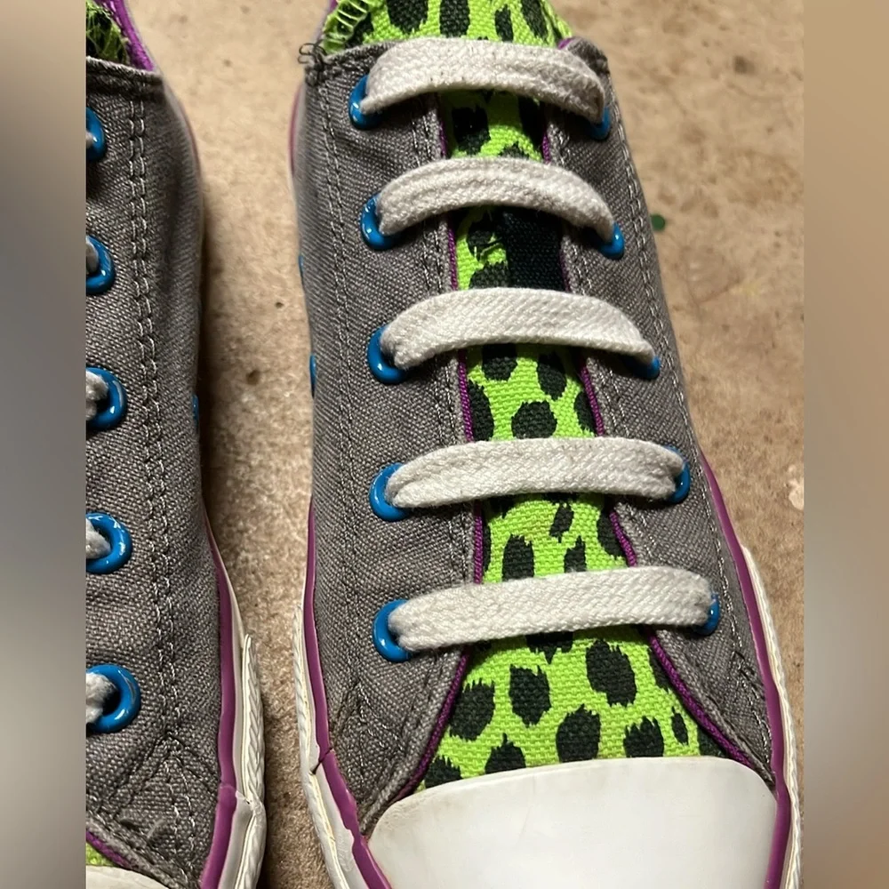 Converse All Star Shoes Gray Neon Animal Print Double Tongue Junior Size 3